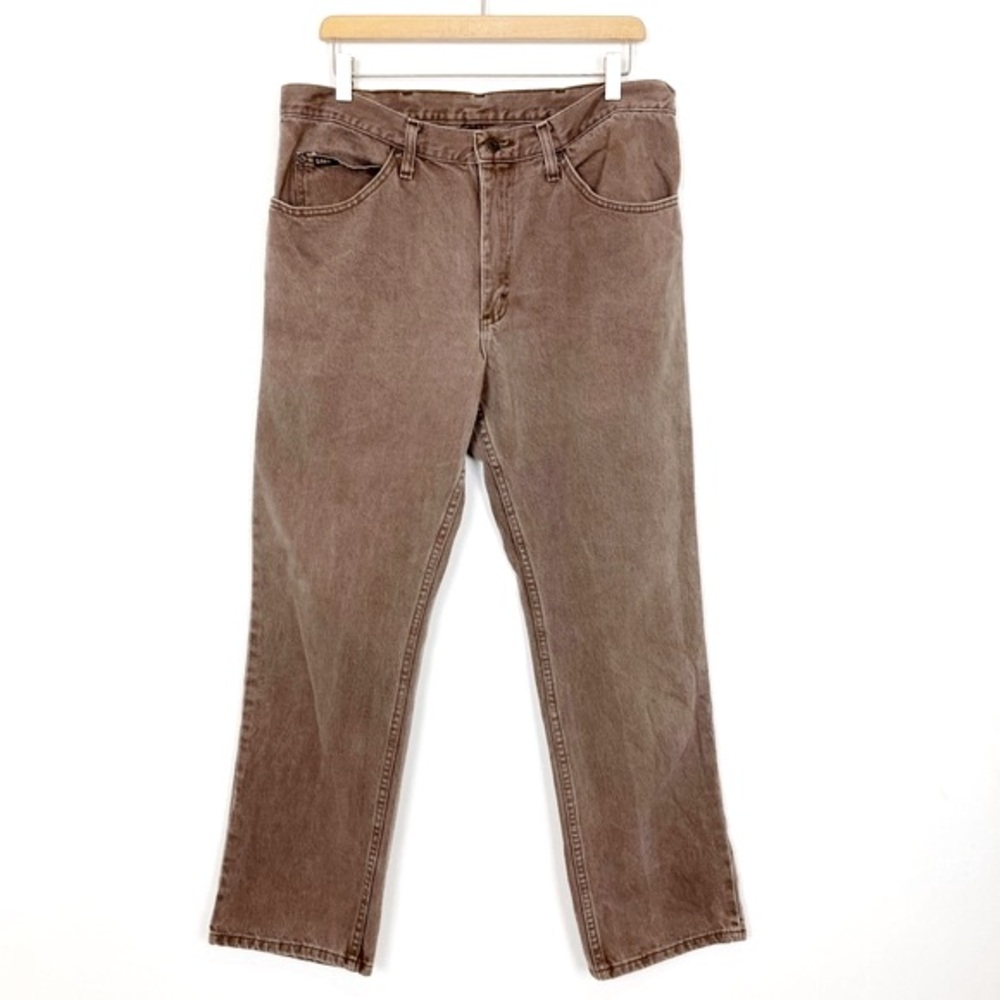 Vintage straight leg brown jeans Lee leather patch faded cotton 90s grunge high